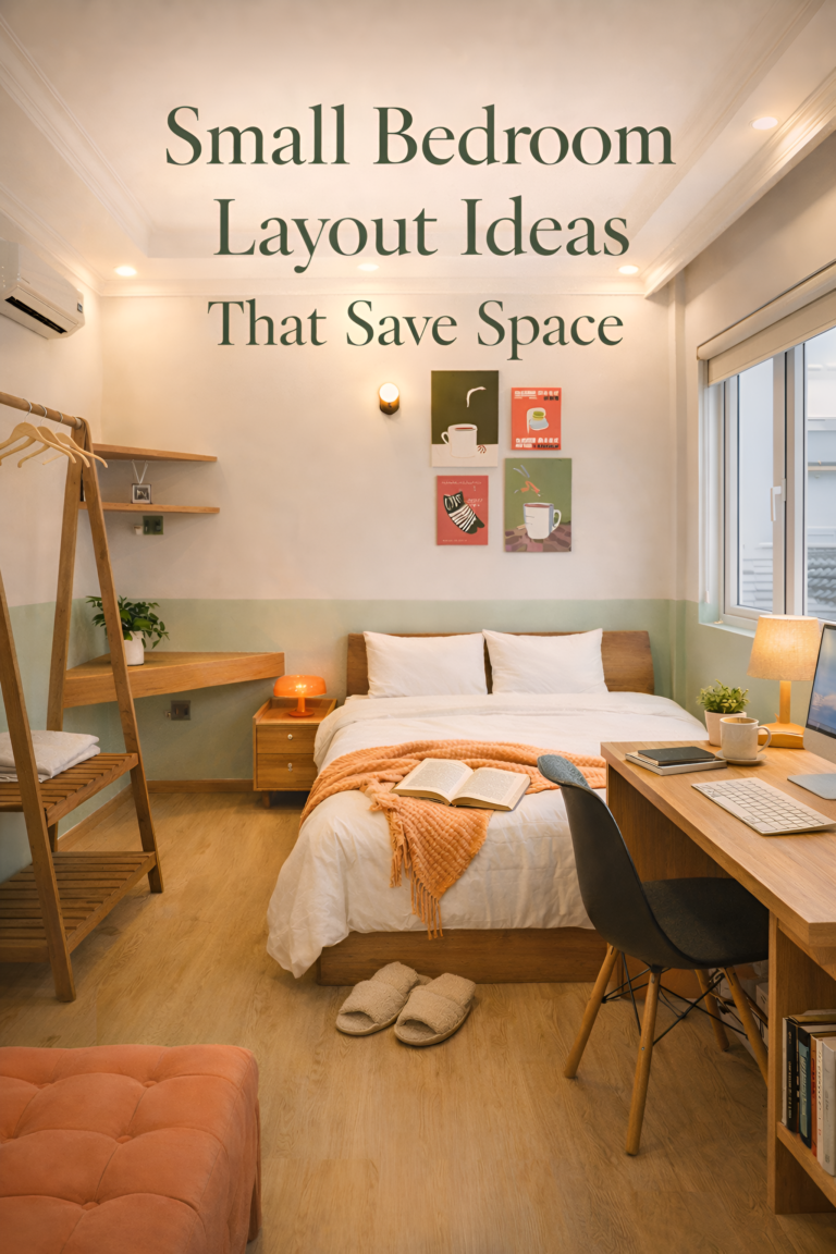 Small bedroom with space-saving layout, wooden bed, wall shelves, compact desk, and cozy neutral decor.