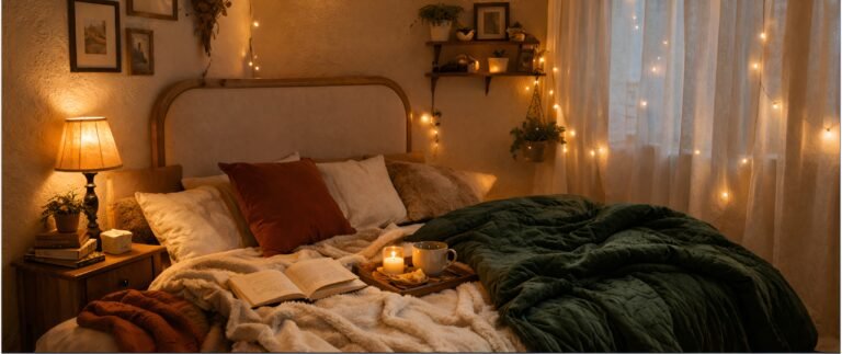 Cozy bedroom with dark green comforter, warm fairy lights, candles, soft blankets, and a relaxing evening atmosphere