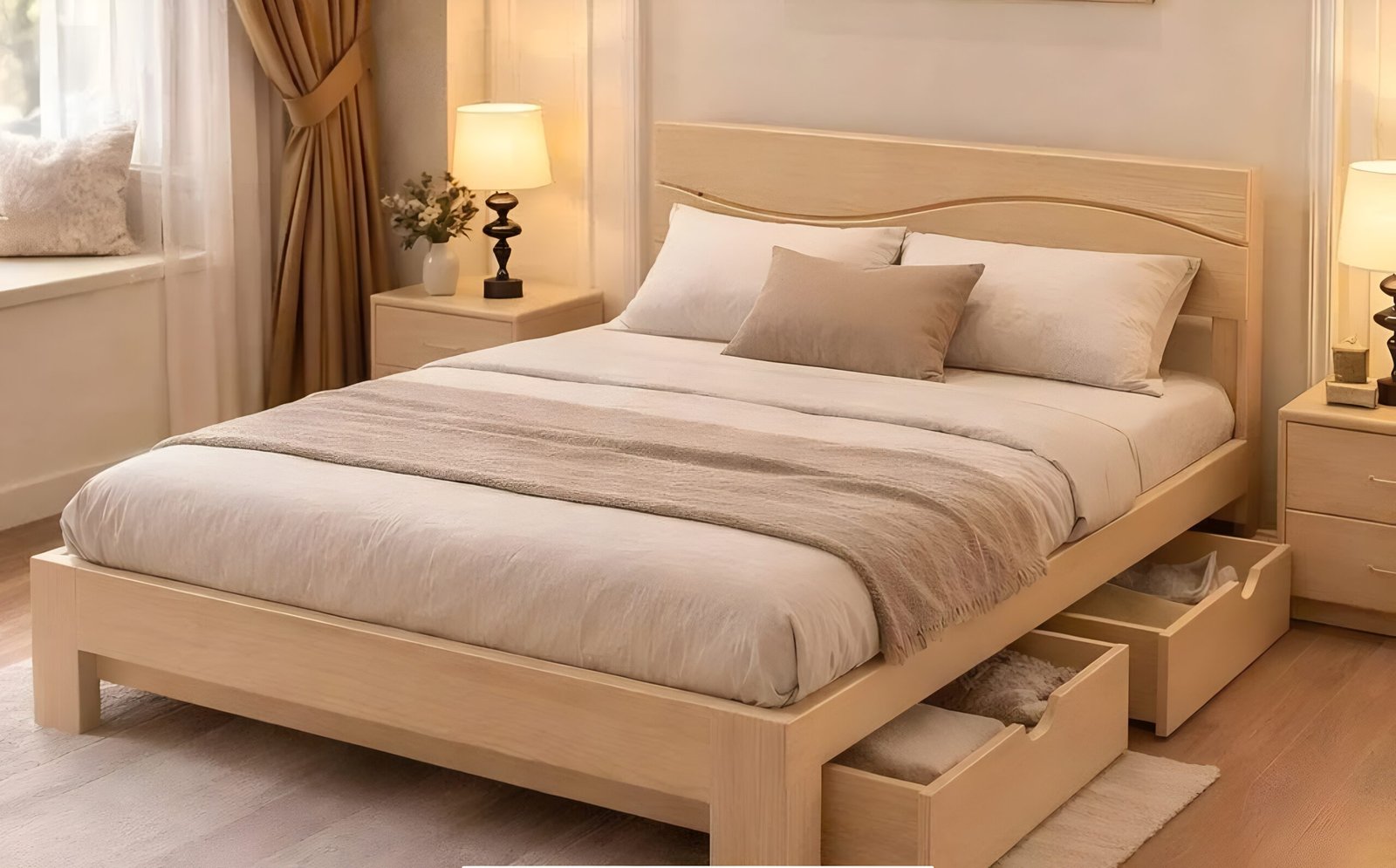 Cozy neutral bedroom with a light wood storage bed, built-in drawers, layered white bedding, and warm bedside lighting