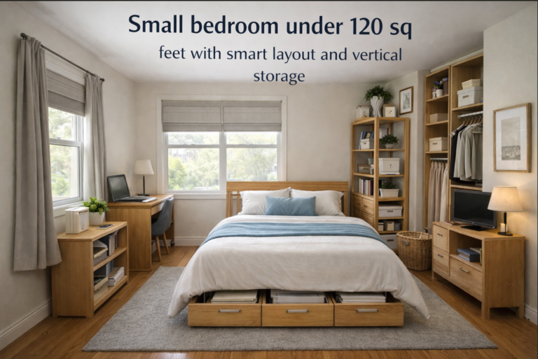 Small bedroom under 120 square feet with a smart layout, bed storage drawers, built-in closet, desk, and vertical shelving.