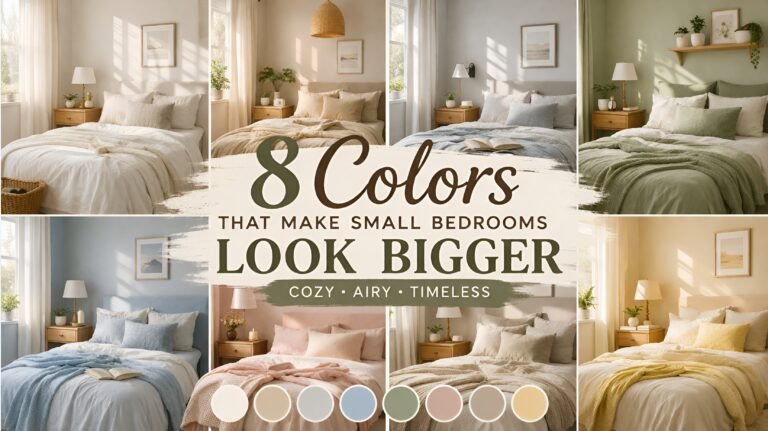 Eight small bedroom color ideas including white, beige, blue, sage green, blush pink, and yellow that make a bedroom look bigger
