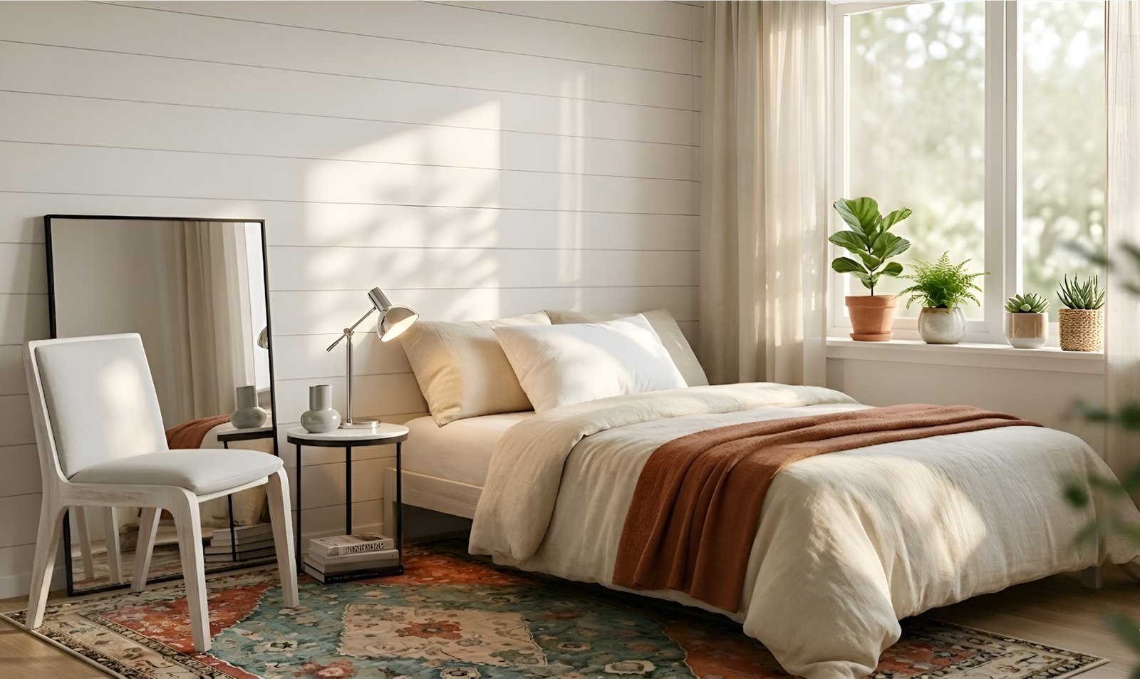 Small bright bedroom with white shiplap walls, ivory bedding, large mirror, indoor plants, and abundant natural light