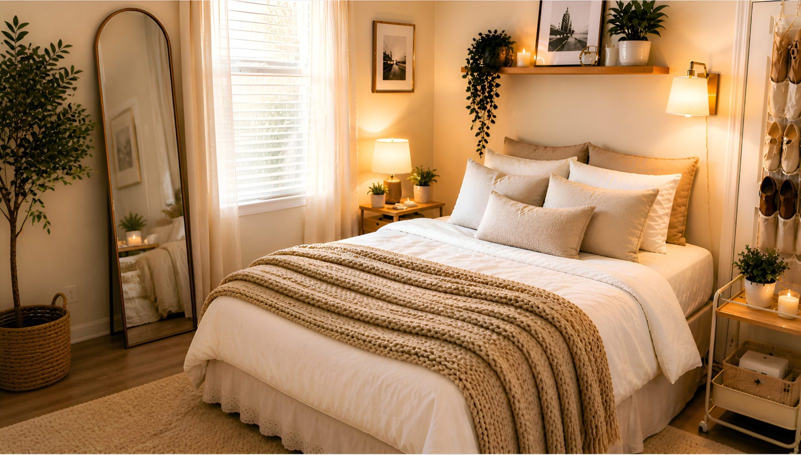 Small renter-friendly bedroom with neutral bedding, leaning mirror, rolling storage cart, woven baskets, plants, and warm lighting