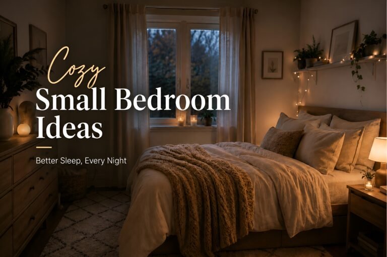 Cozy small bedroom with warm ambient lighting, layered neutral bedding, chunky knit throw, candles, plants, and wall shelves