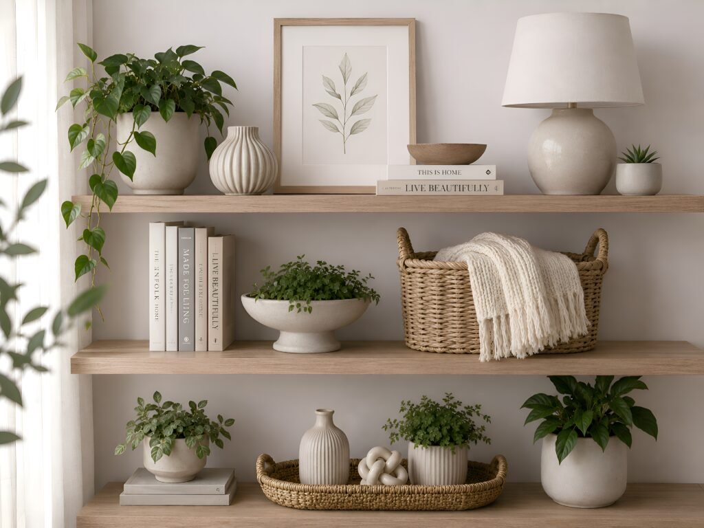 Neutral home decor display with wooden shelves, ceramic vases, green plants, woven basket, books, and warm minimalist styling.