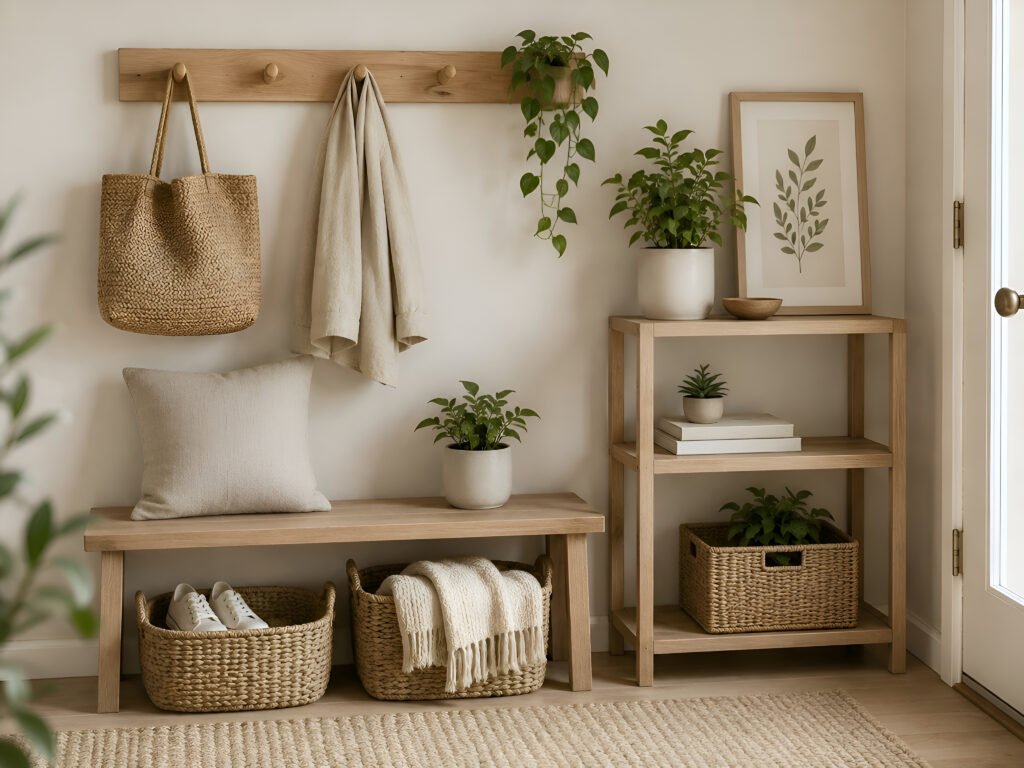 Renter-friendly small entryway with a wooden peg rack, woven baskets, neutral bench, plants, and simple storage decor.