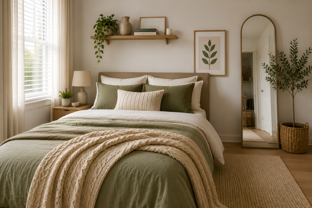 Cozy small bedroom with sage green linen bedding, cream knit throw, natural wood furniture, woven rug, and soft neutral decor.