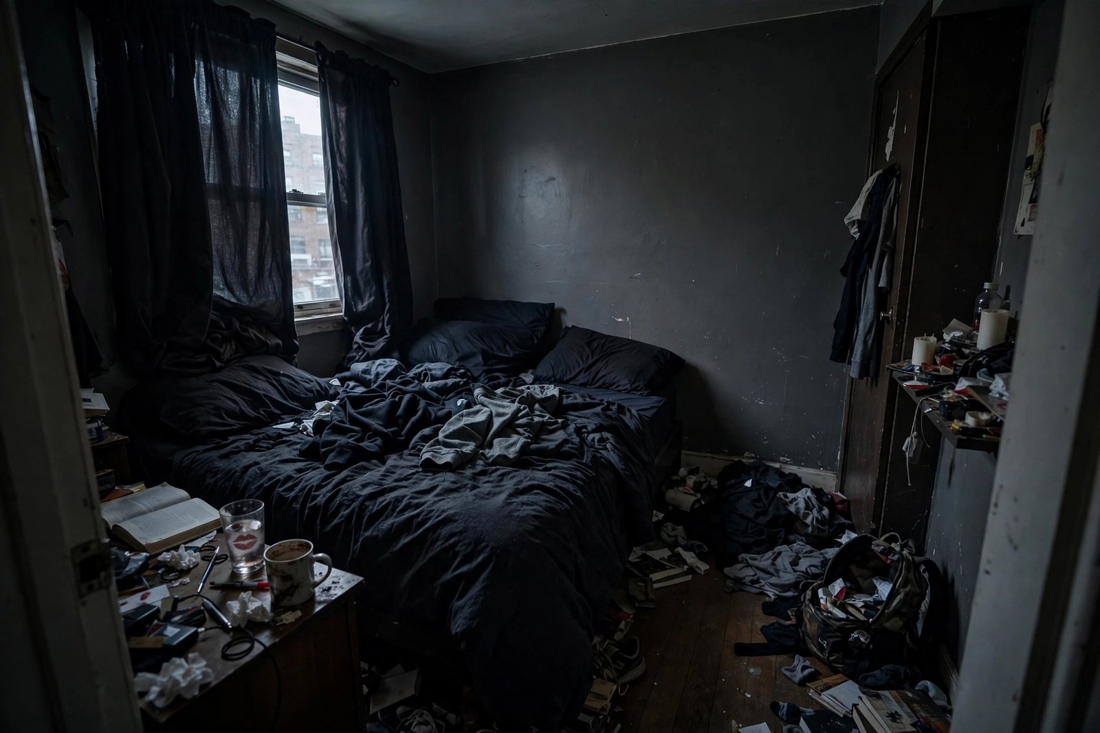 small dark bedroom before makeover with black bedding