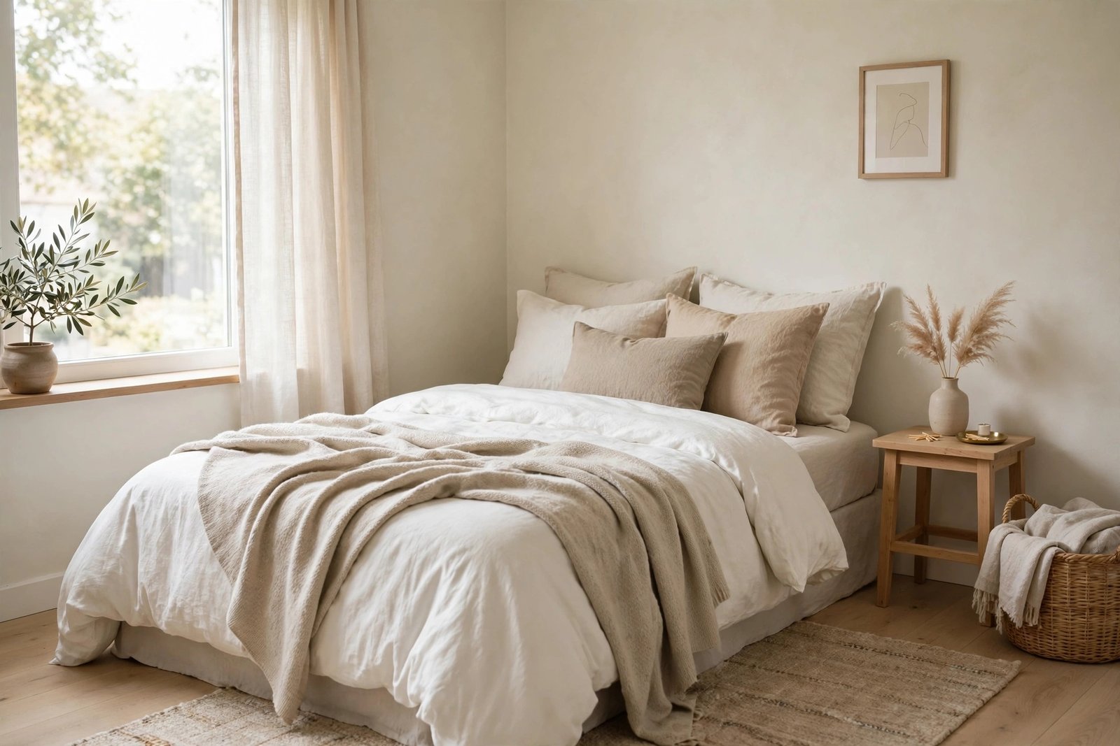 cozy minimal bedroom after makeover with white oatmeal bedding