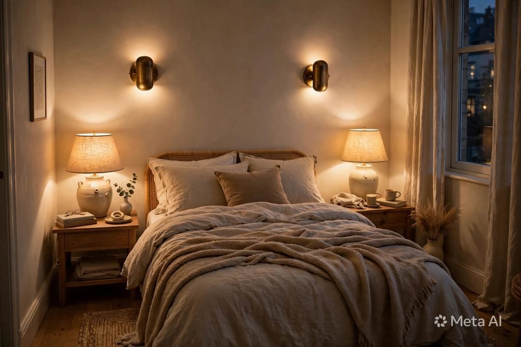 warm layered lighting small bedroom evening with battery sconces