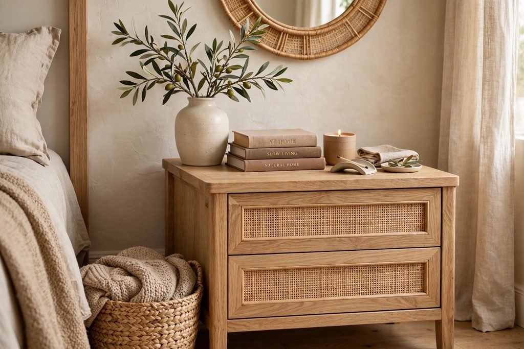 light oak nightstand vignette with wood decor small bedroom